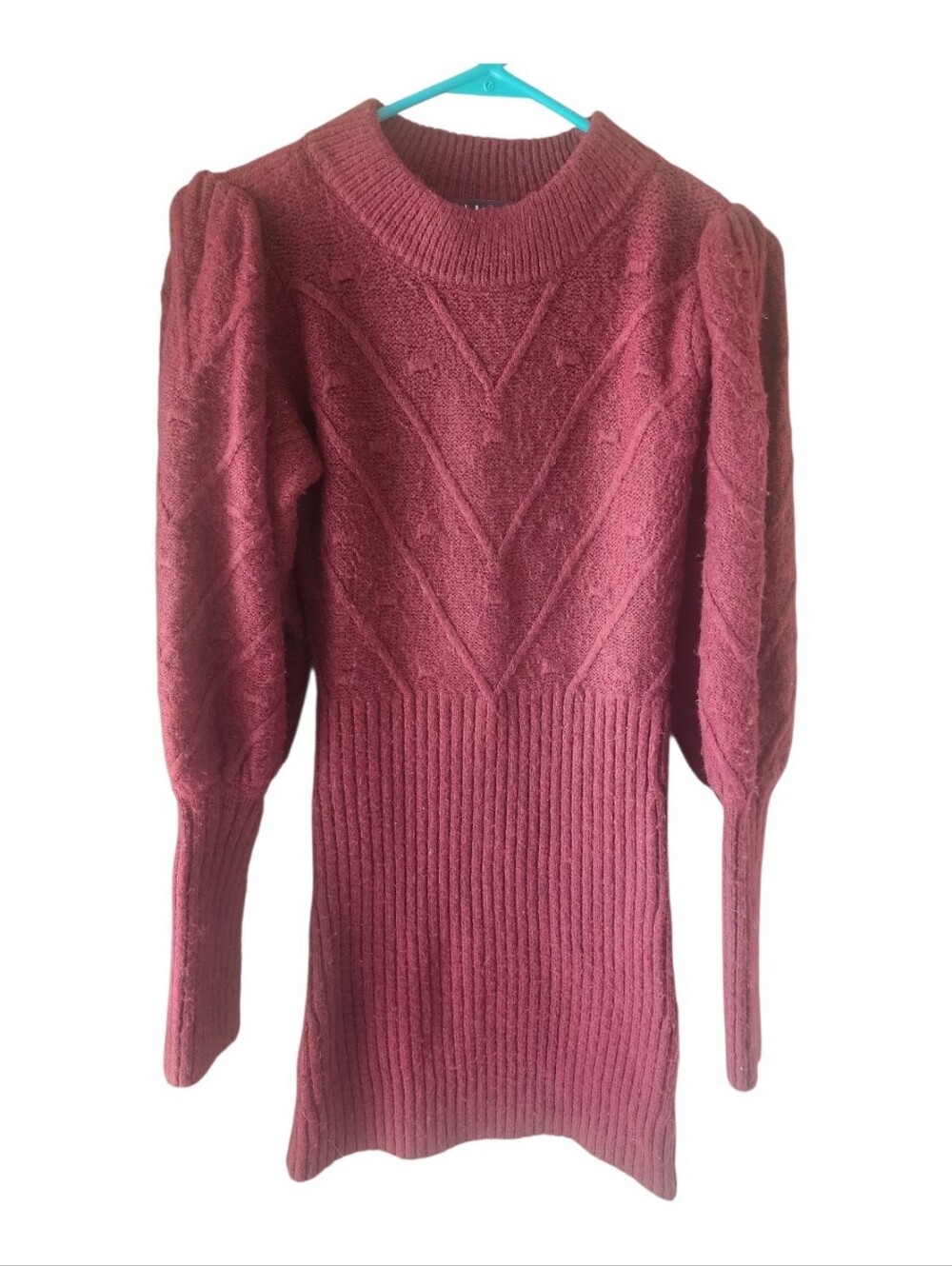 Lulus Burgundy Chevron Knit Puff Sleeve Sweater Dress S